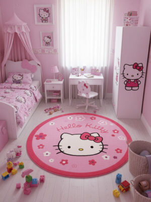 Дитячий рожевий килим 120x120 акрил Hello Kitty круглий у рожевому інтер'єрі