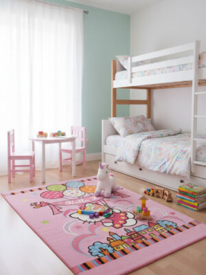 Дитячий рожевий килим 140x200 акриловий Hello Kitty куля в дитячому інтер'єрі