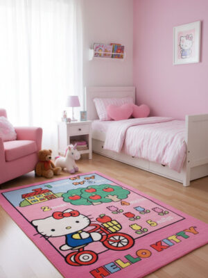 Дитячий рожево-зелений килим 140x200 акриловий Hello Kitty tulips у дитячому рожевому інтер'єрі
