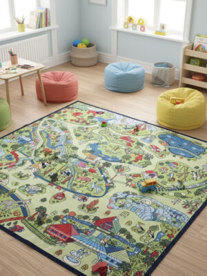 Детский ковер размером 200x200 из кукурузного волокна safary park в игровой зоне.
